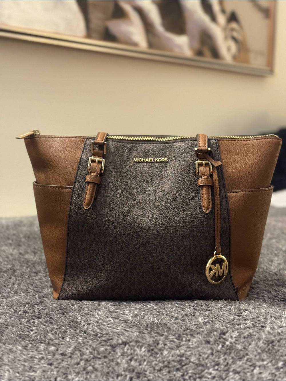 Michael Kors Brown and Dark Brown Logo Tote with Gold Accents